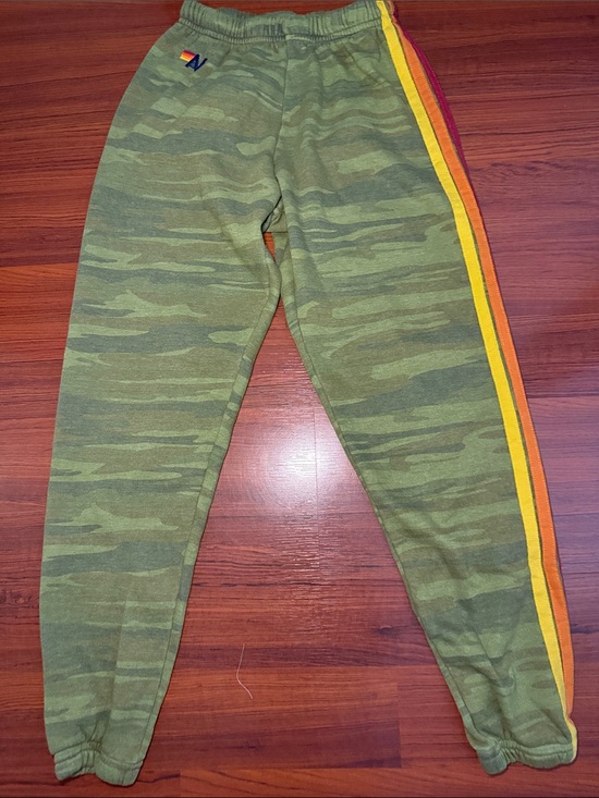 Aviator Nation Pants - Aviator Nation Green Camo Track Joggers with Yellow & Orange Stripes